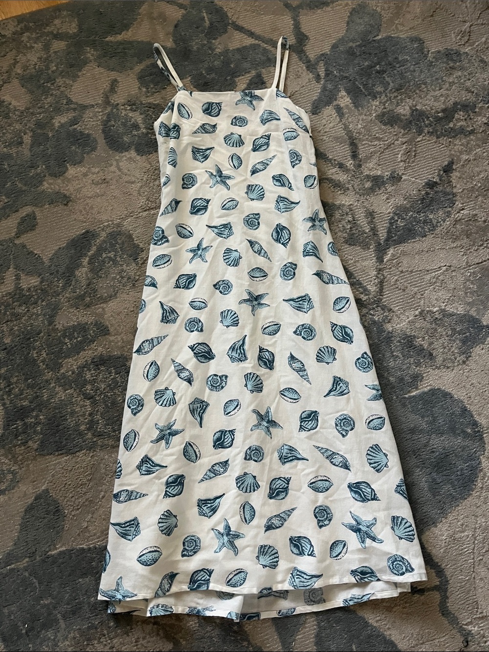 Japna White Shell-Print Spaghetti-Strap Dress with Blue Motif